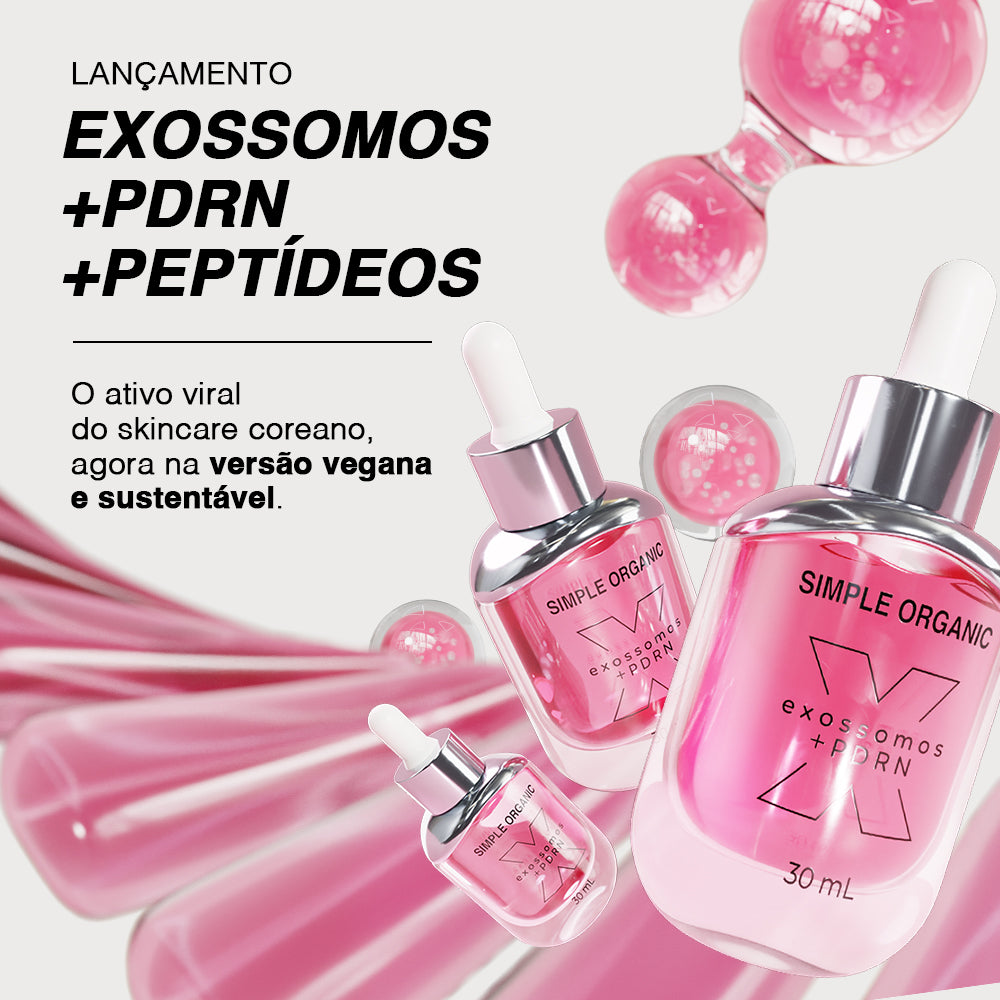 Lançamento Simple Organic: Solução Exossomos + PDRN + Peptídeos em versão vegana e sustentável.